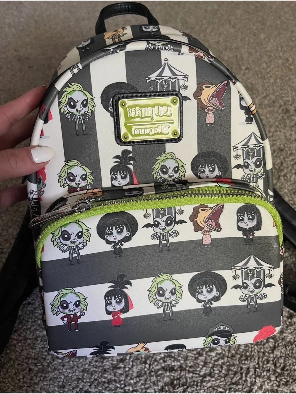 Loungefly Kids Mini Backpack in Black, White & Lime Green Beetlejuice Print